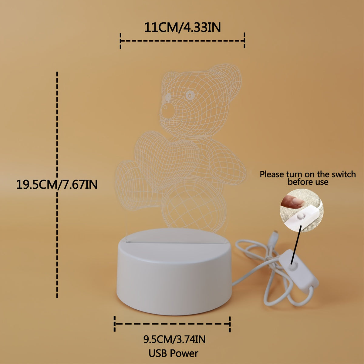 USB Pink Heart Bear Night Light Decor
