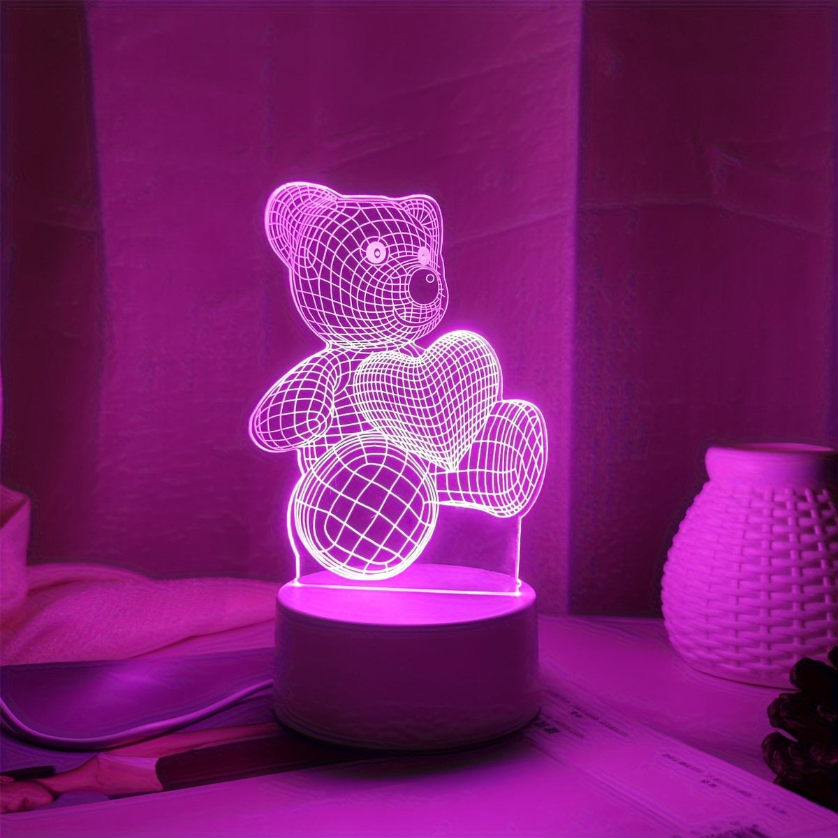 USB Pink Heart Bear Night Light Decor