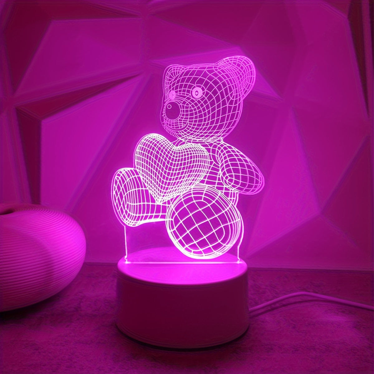 USB Pink Heart Bear Night Light Decor