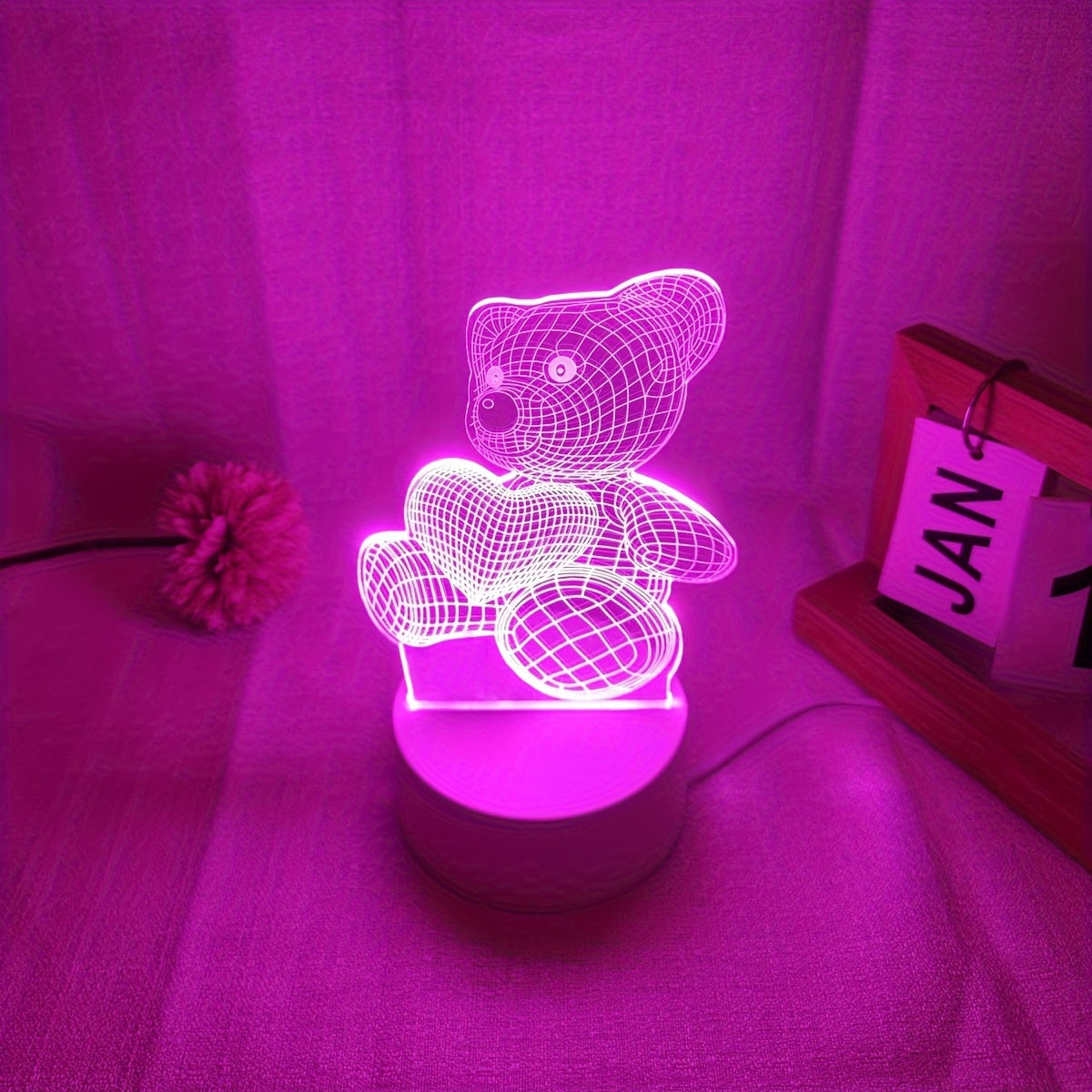 USB Pink Heart Bear Night Light Decor