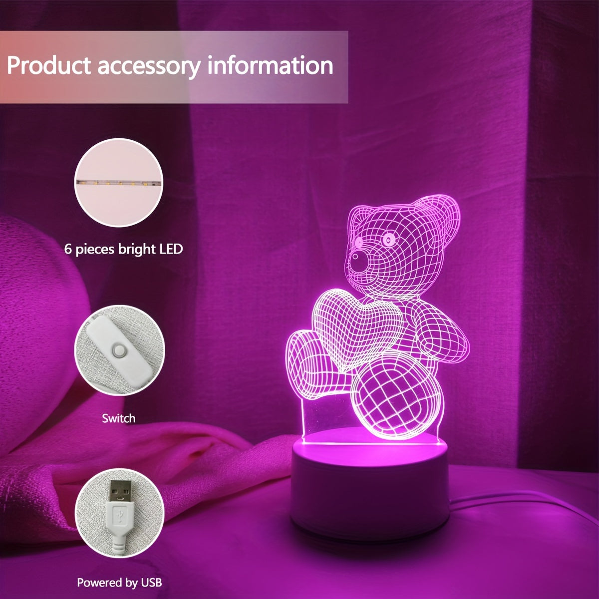 USB Pink Heart Bear Night Light Decor
