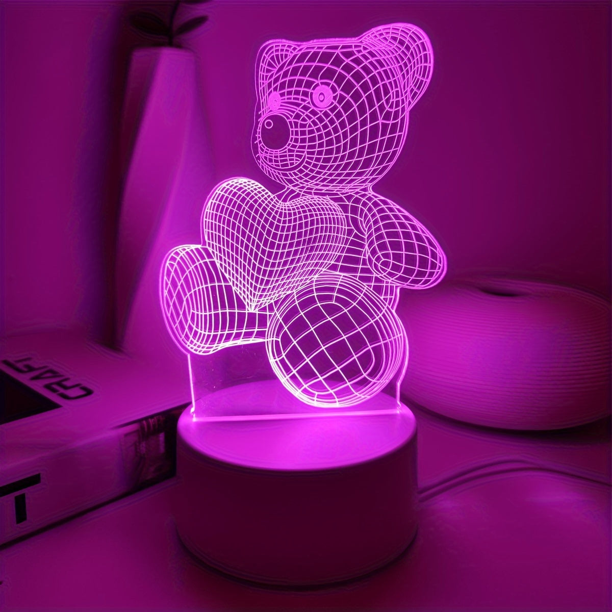 USB Pink Heart Bear Night Light Decor